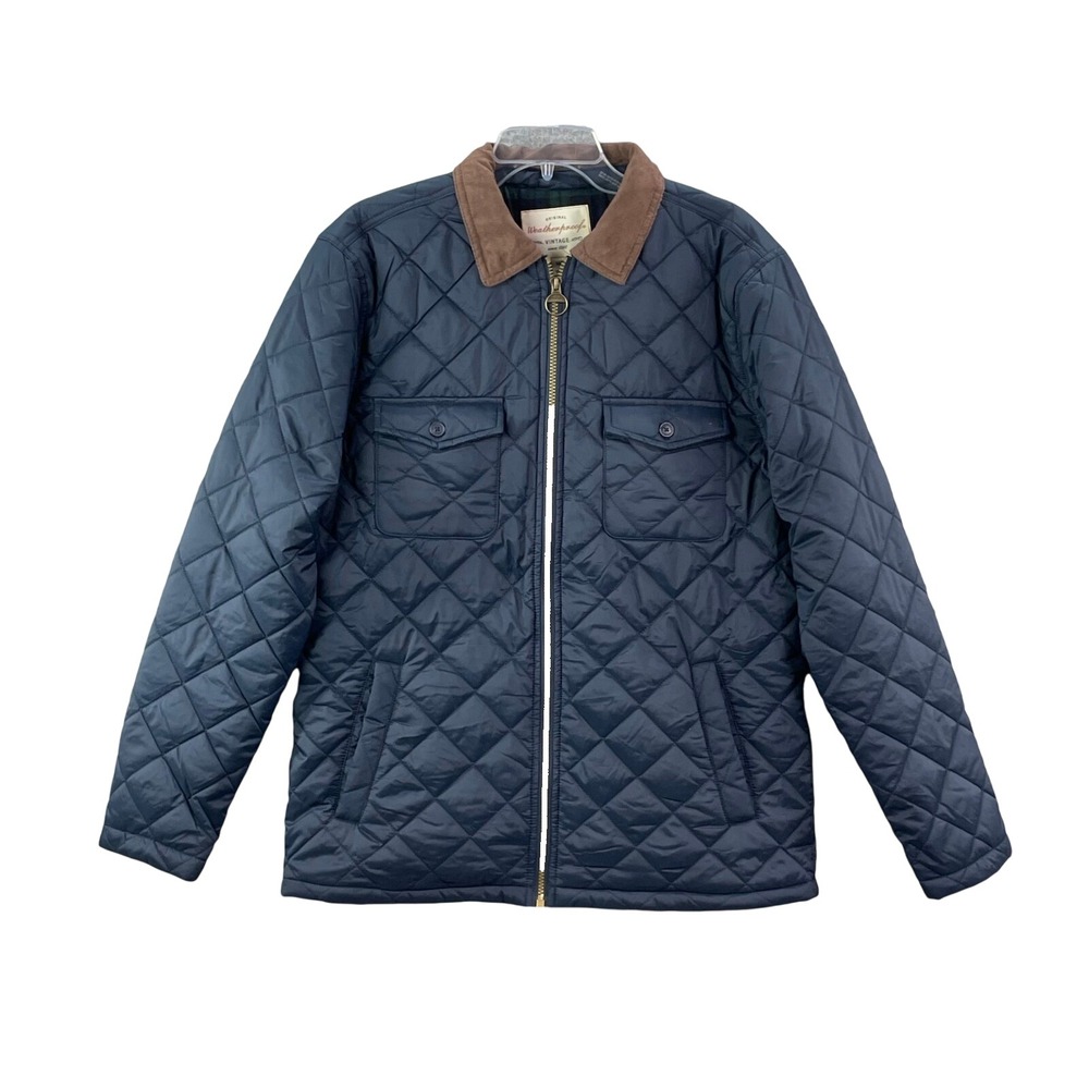 Weatherproof Vintage Quilted Jacket Men Medium Navy Blue Barn Coat Corduroy Trim
